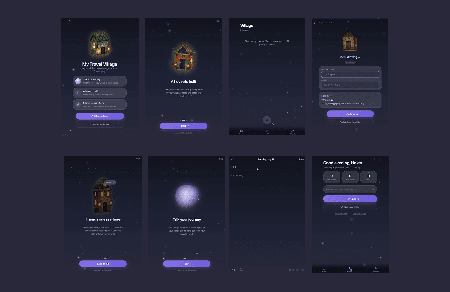 Eight screens from My Travel Village on a dark indigo ground: onboarding cards, the empty village, the journal editor, an unsealed journey, and the profile.