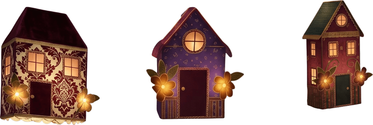 Three illustrated houses showing the shared visual language: damask, paisley, and striped facades with warm lit windows and gold flowers.