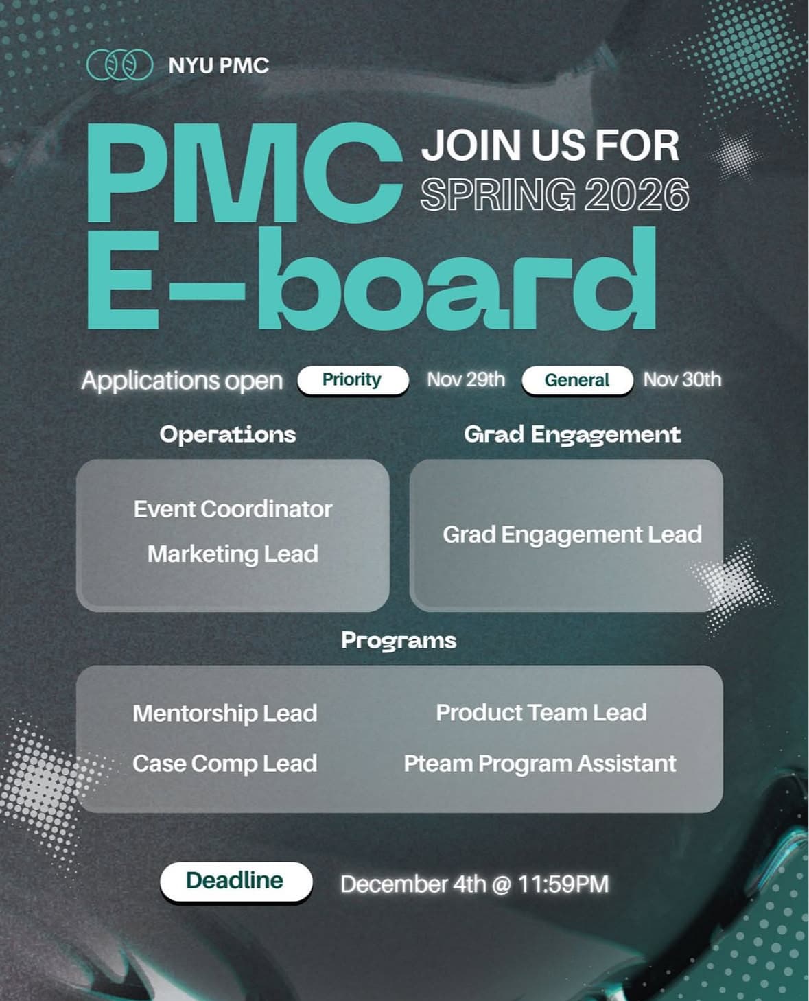 PMC E-board Spring 2026 recruitment poster