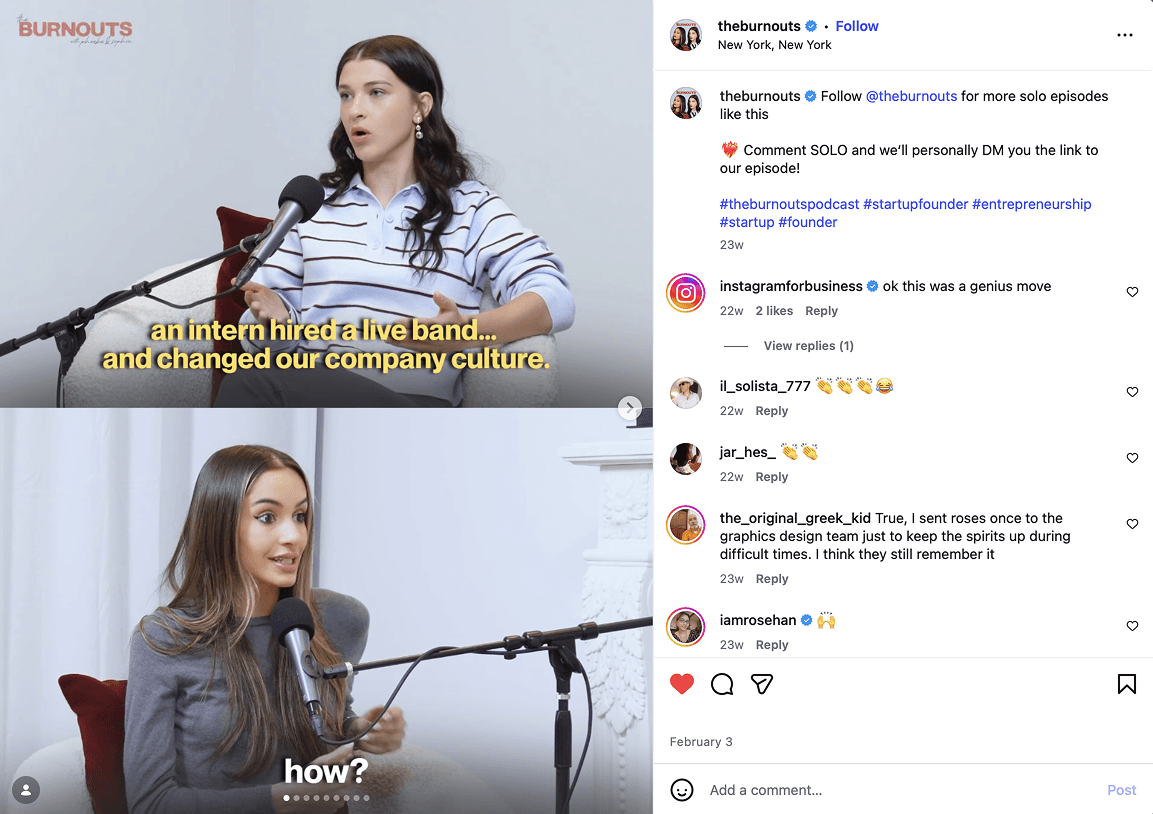 The Burnouts Instagram post about an intern hiring a live band