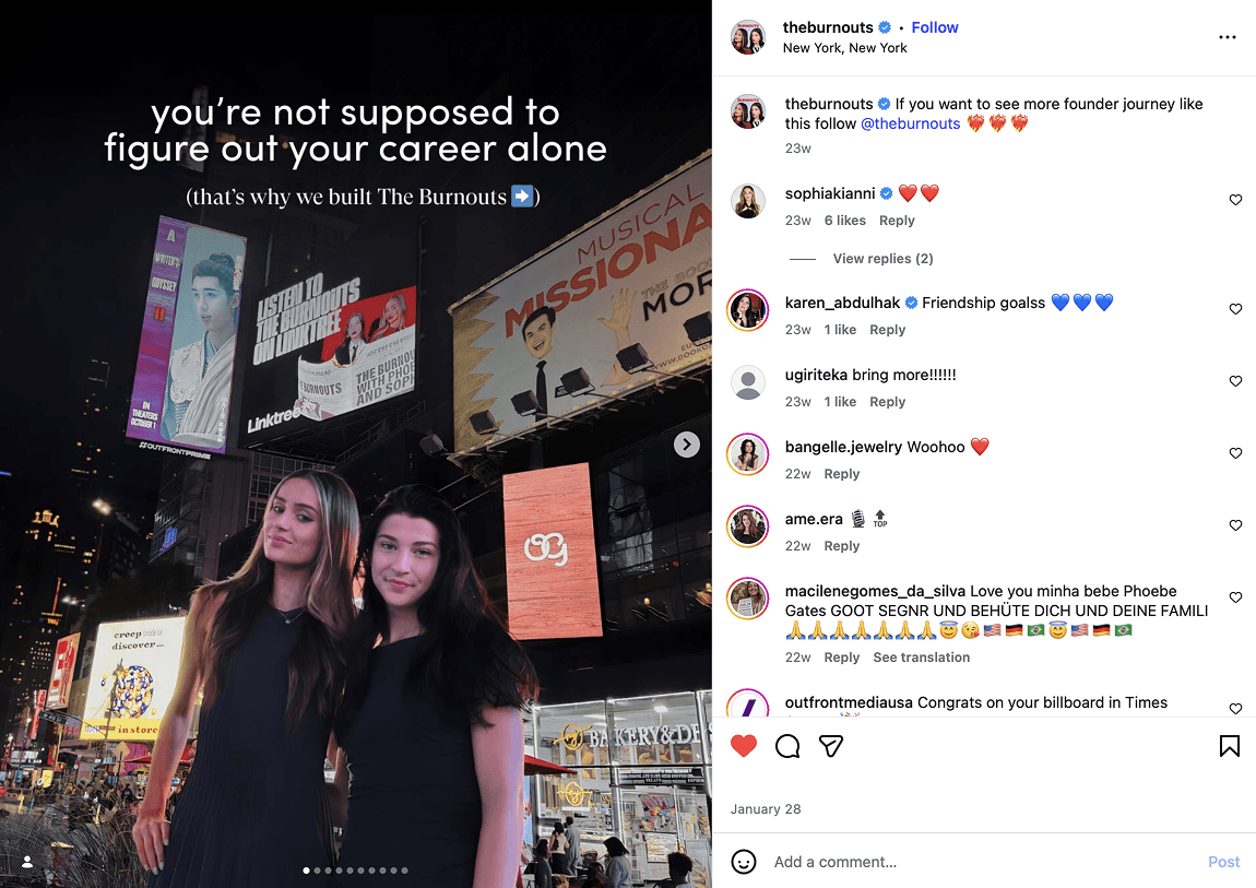 The Burnouts Instagram post celebrating the Times Square billboard