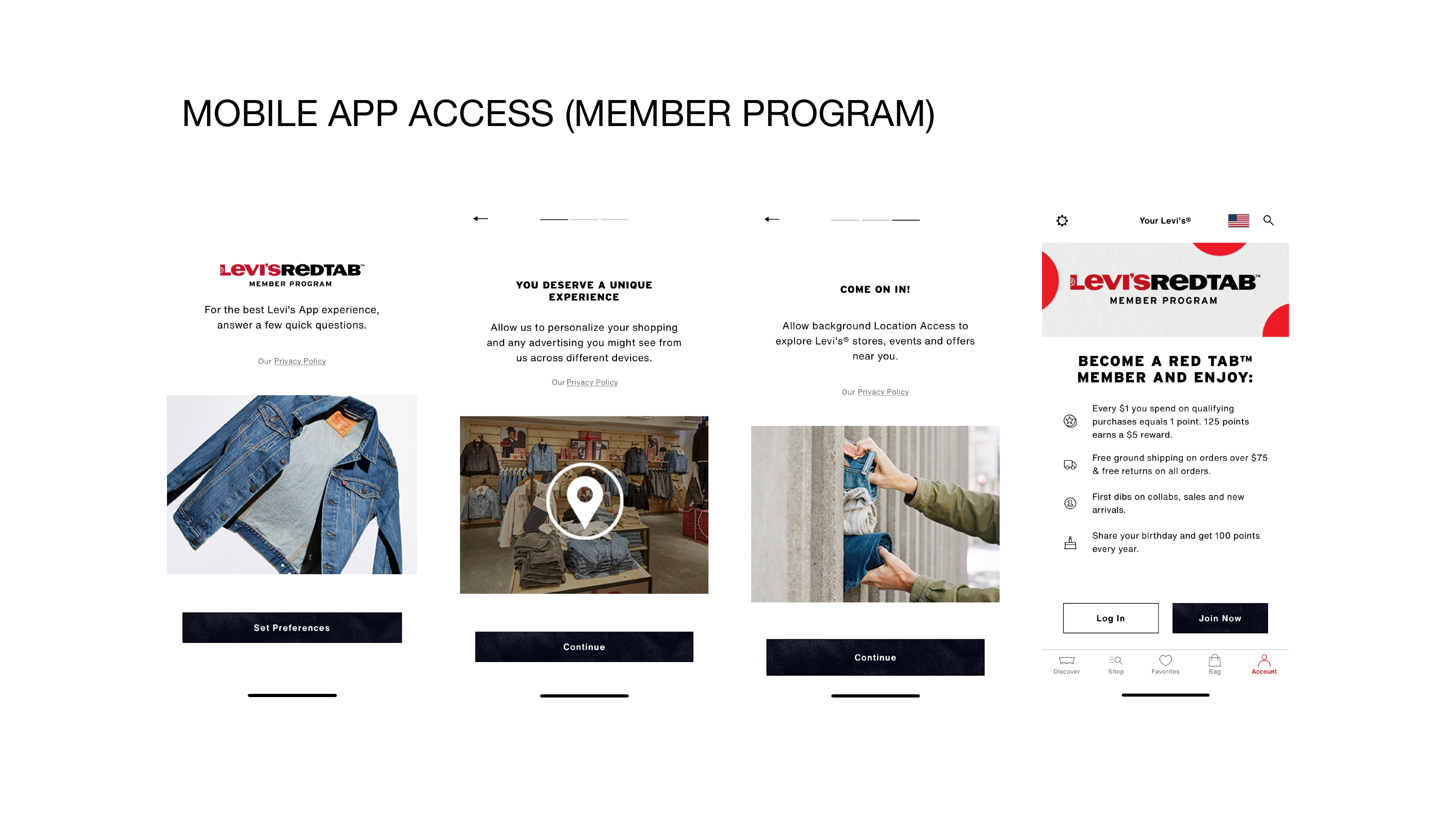 Levi's app onboarding screens personalizing the experience and pitching RedTab membership