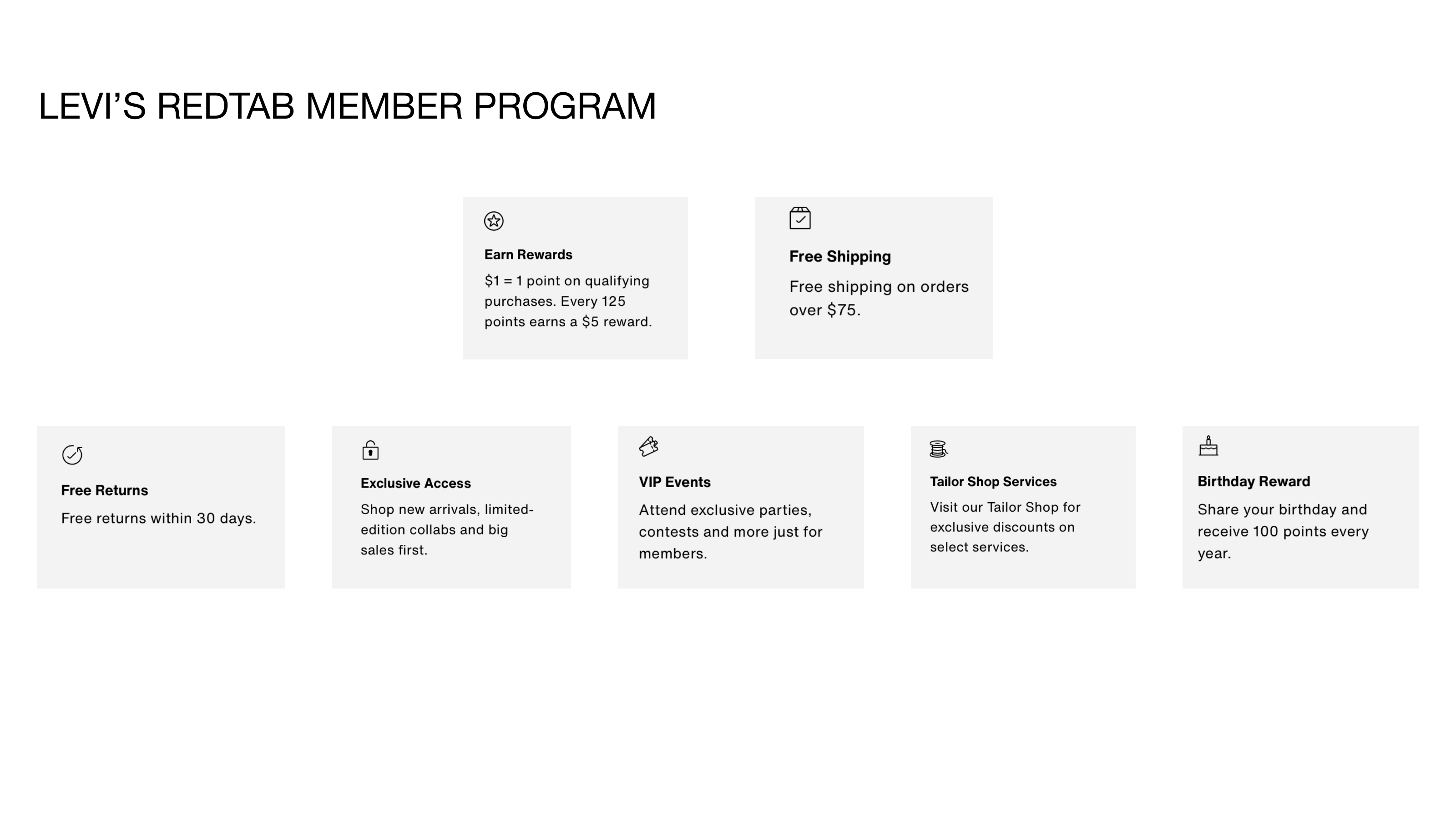 Levi's RedTab member program benefit cards: rewards, free shipping, returns, exclusive access, VIP events, tailor shop, birthday reward