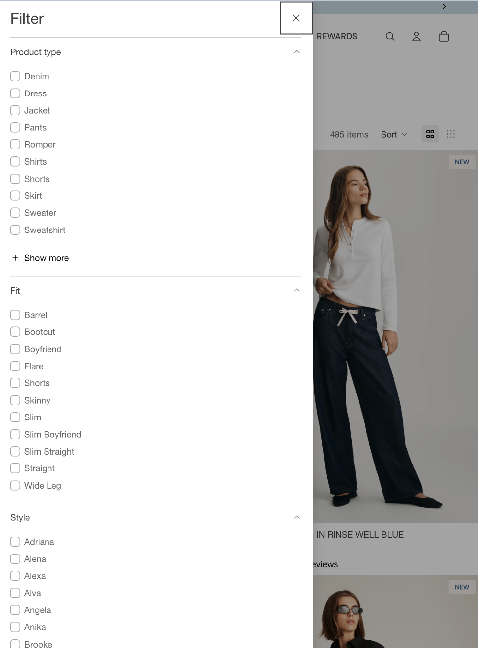 Mavi filter drawer with long lists of product types, fits, and styles