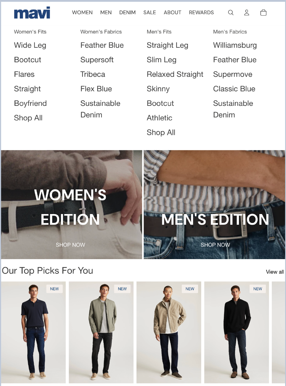 Mavi mega menu showing many fit and fabric categories