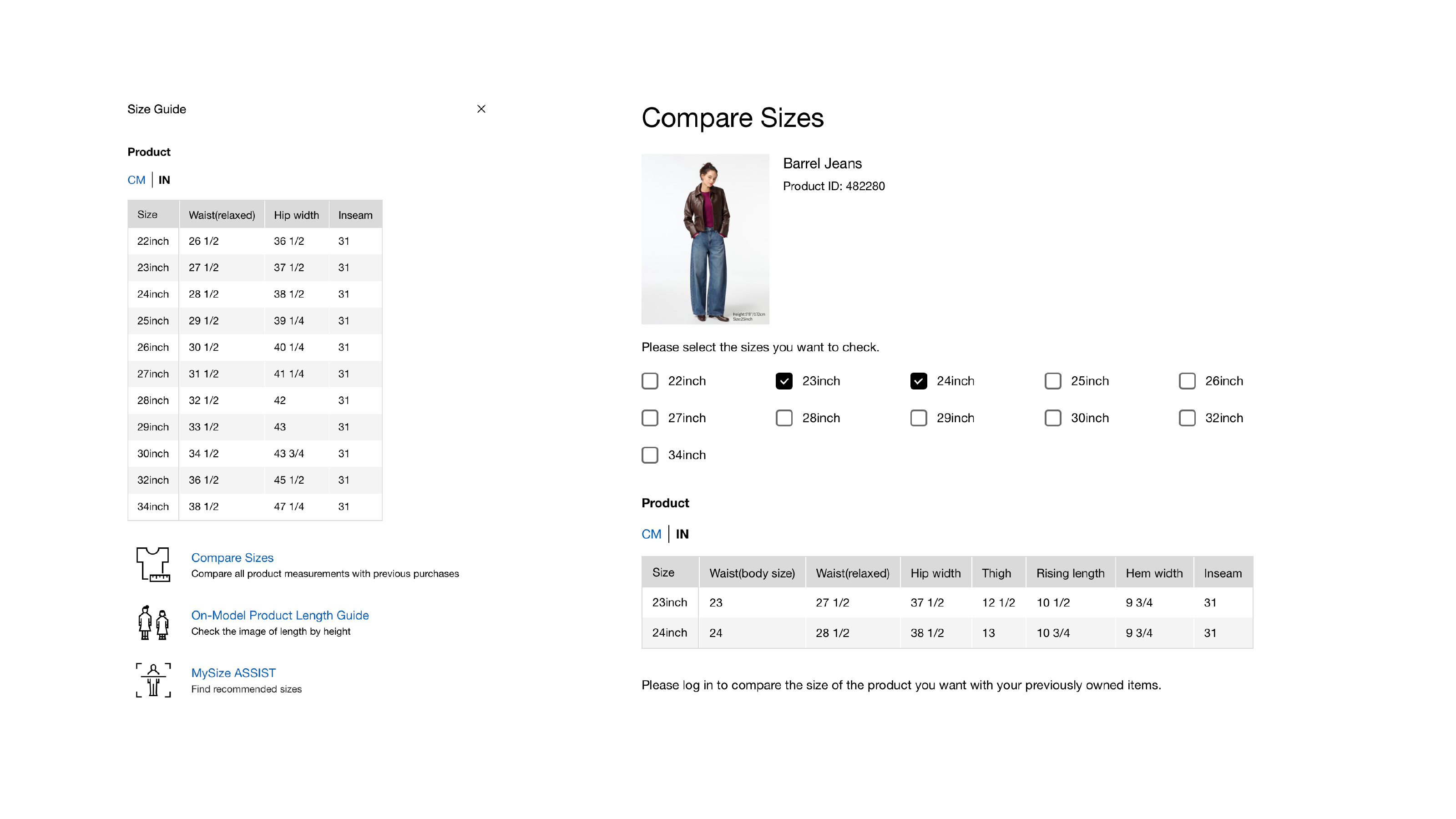 Uniqlo size guide table and Compare Sizes tool