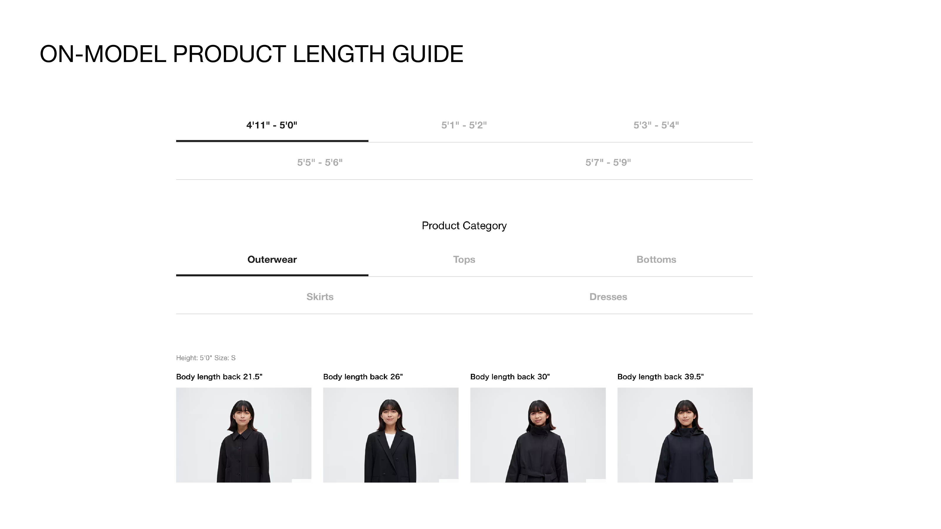 Uniqlo on-model product length guide filtered by height